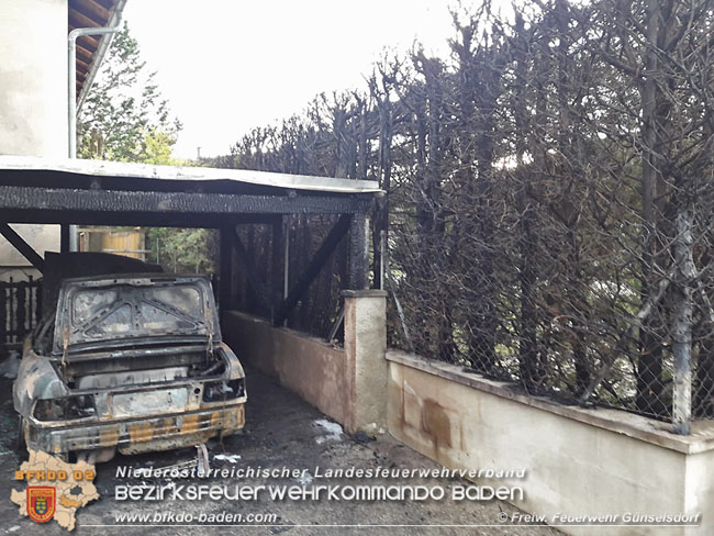 20210514 Pkw brennt unter Carport in einer Günselsdorfer Wohnsiedlung Foto: © Freiwillige Feuerwehr Günselsdorf 20210514 Pkw brennt unter Carport in einer Günselsdorfer Wohnsiedlung Foto: © Freiwillige Feuerwehr Günselsdorf
