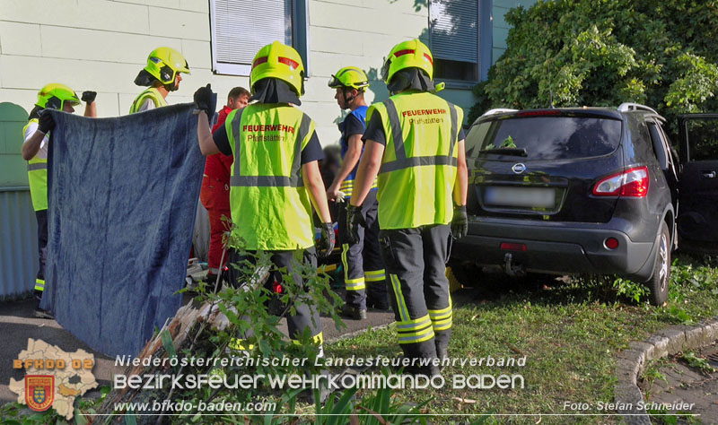 20250822_Pkw Lenkerin prallt im Ortsgebiet frontal gegen Baum Foto: Stefan Schneider BFKDO BADEN 20250822_Pkw Lenkerin prallt im Ortsgebiet frontal gegen Baum Foto: Stefan Schneider BFKDO BADEN