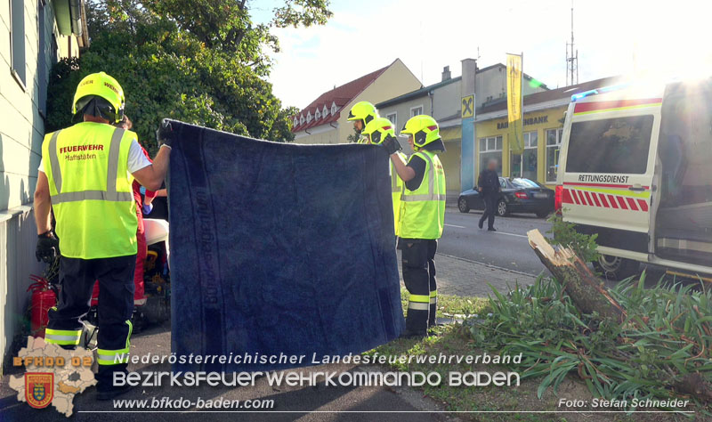 20250822_Pkw Lenkerin prallt im Ortsgebiet frontal gegen Baum Foto: Stefan Schneider BFKDO BADEN 20250822_Pkw Lenkerin prallt im Ortsgebiet frontal gegen Baum Foto: Stefan Schneider BFKDO BADEN