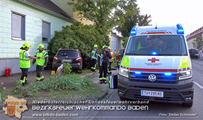 20250822_Pkw Lenkerin prallt im Ortsgebiet frontal gegen Baum Foto: Stefan Schneider BFKDO BADEN 20250822_Pkw Lenkerin prallt im Ortsgebiet frontal gegen Baum Foto: Stefan Schneider BFKDO BADEN