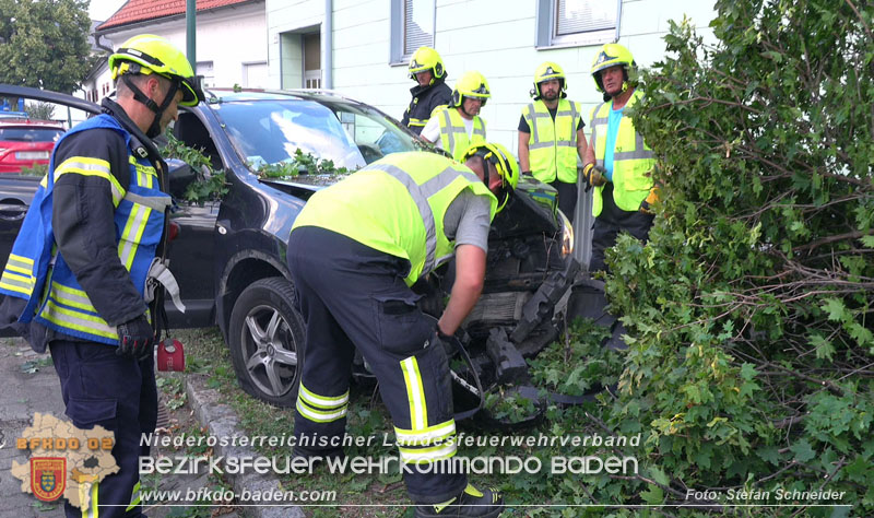 20250822_Pkw Lenkerin prallt im Ortsgebiet frontal gegen Baum Foto: Stefan Schneider BFKDO BADEN 20250822_Pkw Lenkerin prallt im Ortsgebiet frontal gegen Baum Foto: Stefan Schneider BFKDO BADEN