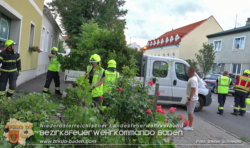 20250822_Pkw Lenkerin prallt im Ortsgebiet frontal gegen Baum Foto: Stefan Schneider BFKDO BADEN 20250822_Pkw Lenkerin prallt im Ortsgebiet frontal gegen Baum Foto: Stefan Schneider BFKDO BADEN
