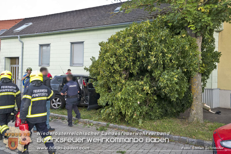 20250822_Pkw Lenkerin prallt im Ortsgebiet frontal gegen Baum  Foto: Stefan Schneider BFKDO BADEN 20250822_Pkw Lenkerin prallt im Ortsgebiet frontal gegen Baum  Foto: Stefan Schneider BFKDO BADEN