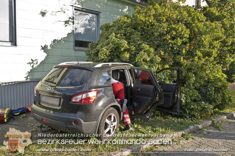 20250822_Pkw Lenkerin prallt im Ortsgebiet frontal gegen Baum  Foto: Stefan Schneider BFKDO BADEN 20250822_Pkw Lenkerin prallt im Ortsgebiet frontal gegen Baum  Foto: Stefan Schneider BFKDO BADEN