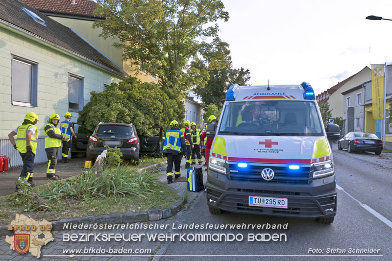 20250822_Pkw Lenkerin prallt im Ortsgebiet frontal gegen Baum Foto: Stefan Schneider BFKDO BADEN 20250822_Pkw Lenkerin prallt im Ortsgebiet frontal gegen Baum Foto: Stefan Schneider BFKDO BADEN