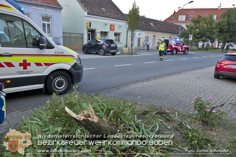 20250822_Pkw Lenkerin prallt im Ortsgebiet frontal gegen Baum Foto: Stefan Schneider BFKDO BADEN 20250822_Pkw Lenkerin prallt im Ortsgebiet frontal gegen Baum Foto: Stefan Schneider BFKDO BADEN
