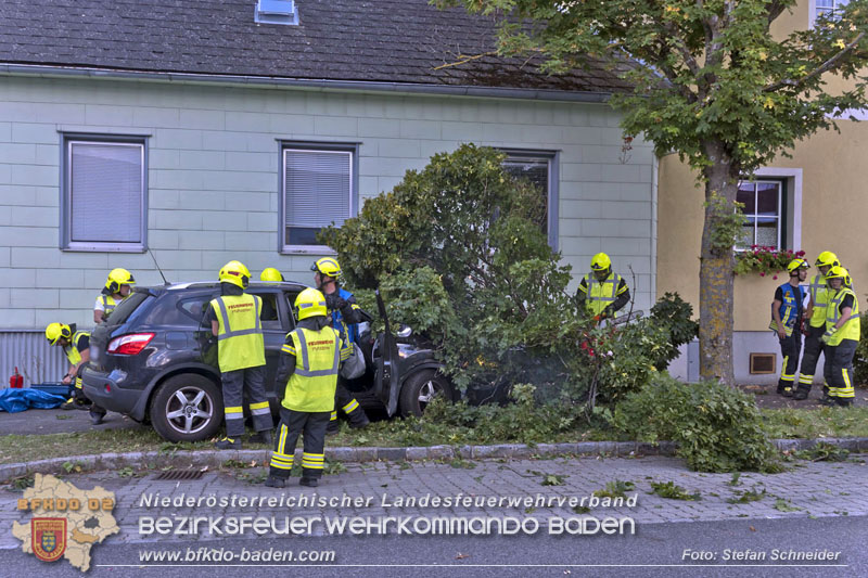 20250822_Pkw Lenkerin prallt im Ortsgebiet frontal gegen Baum Foto: Stefan Schneider BFKDO BADEN 20250822_Pkw Lenkerin prallt im Ortsgebiet frontal gegen Baum Foto: Stefan Schneider BFKDO BADEN