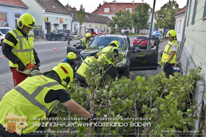 20250822_Pkw Lenkerin prallt im Ortsgebiet frontal gegen Baum Foto: Stefan Schneider BFKDO BADEN 20250822_Pkw Lenkerin prallt im Ortsgebiet frontal gegen Baum Foto: Stefan Schneider BFKDO BADEN