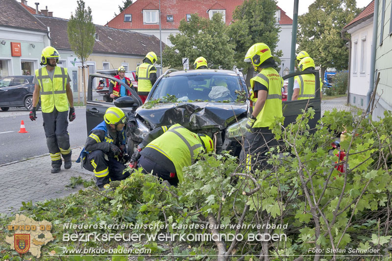 20250822_Pkw Lenkerin prallt im Ortsgebiet frontal gegen Baum Foto: Stefan Schneider BFKDO BADEN 20250822_Pkw Lenkerin prallt im Ortsgebiet frontal gegen Baum Foto: Stefan Schneider BFKDO BADEN