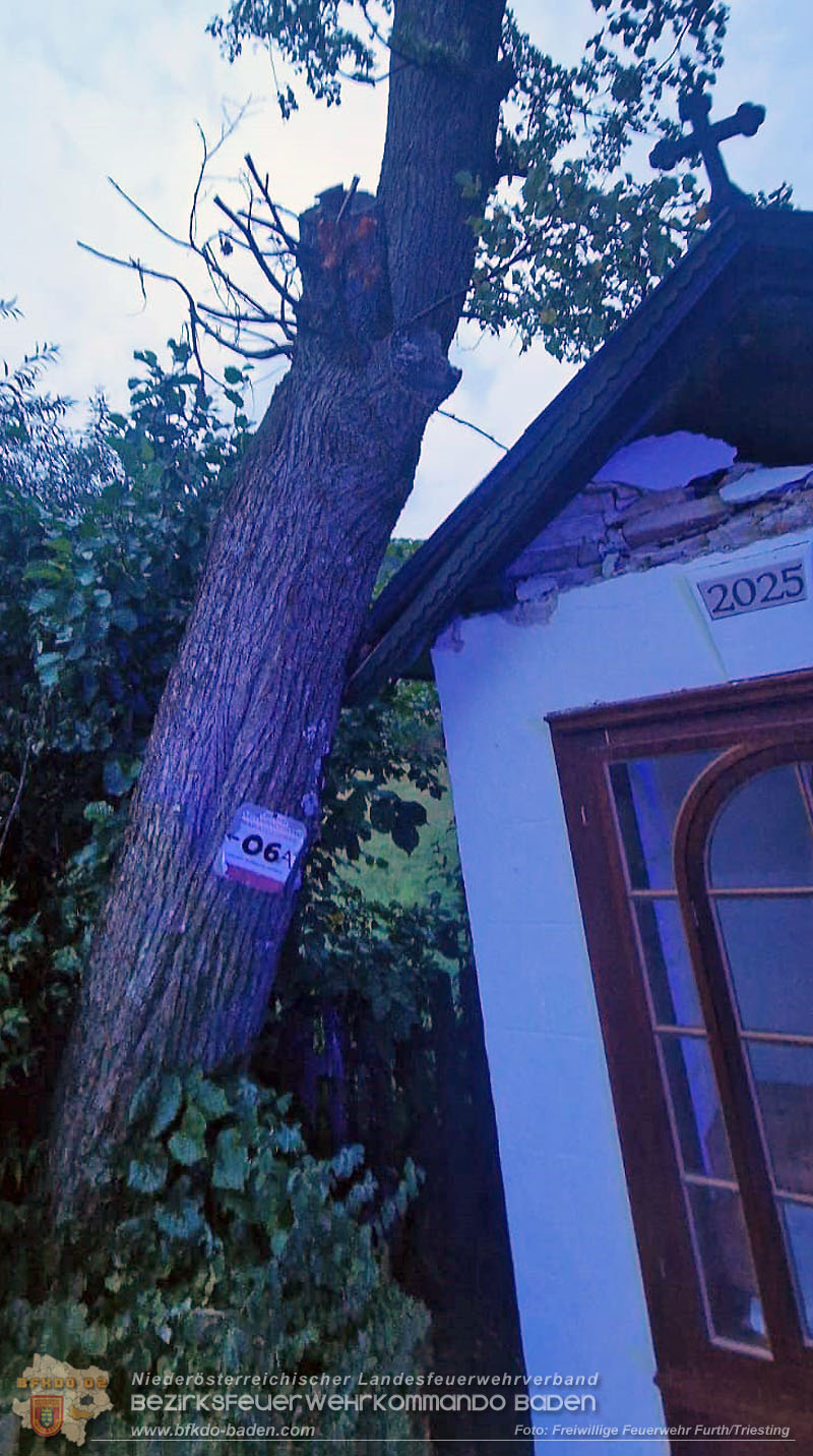 20260817_Gro�er Baum kippt gegen Kapelle - Foto: FF Furth/Triesting