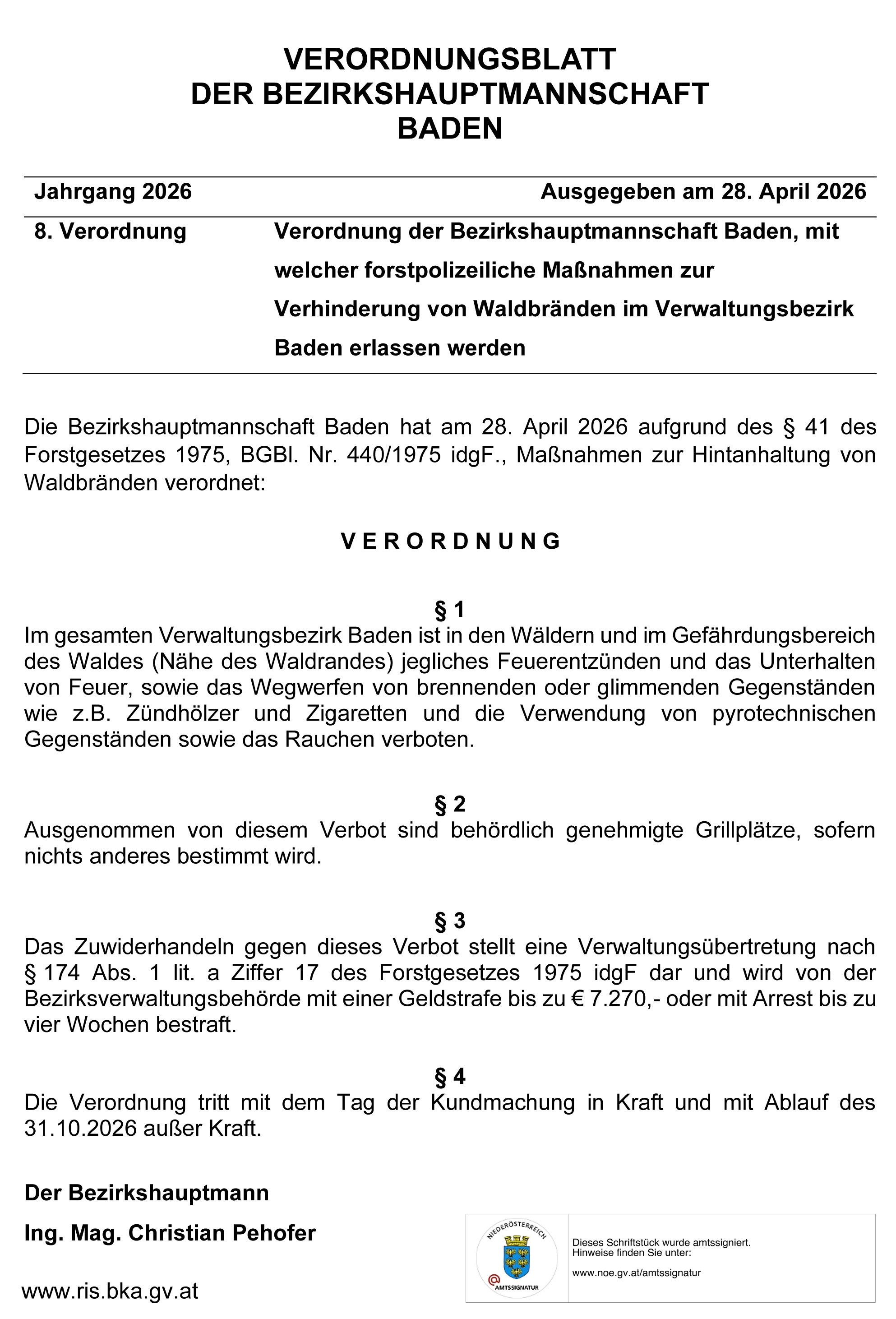 Waldbrandverordnung 2026 BH BADEN